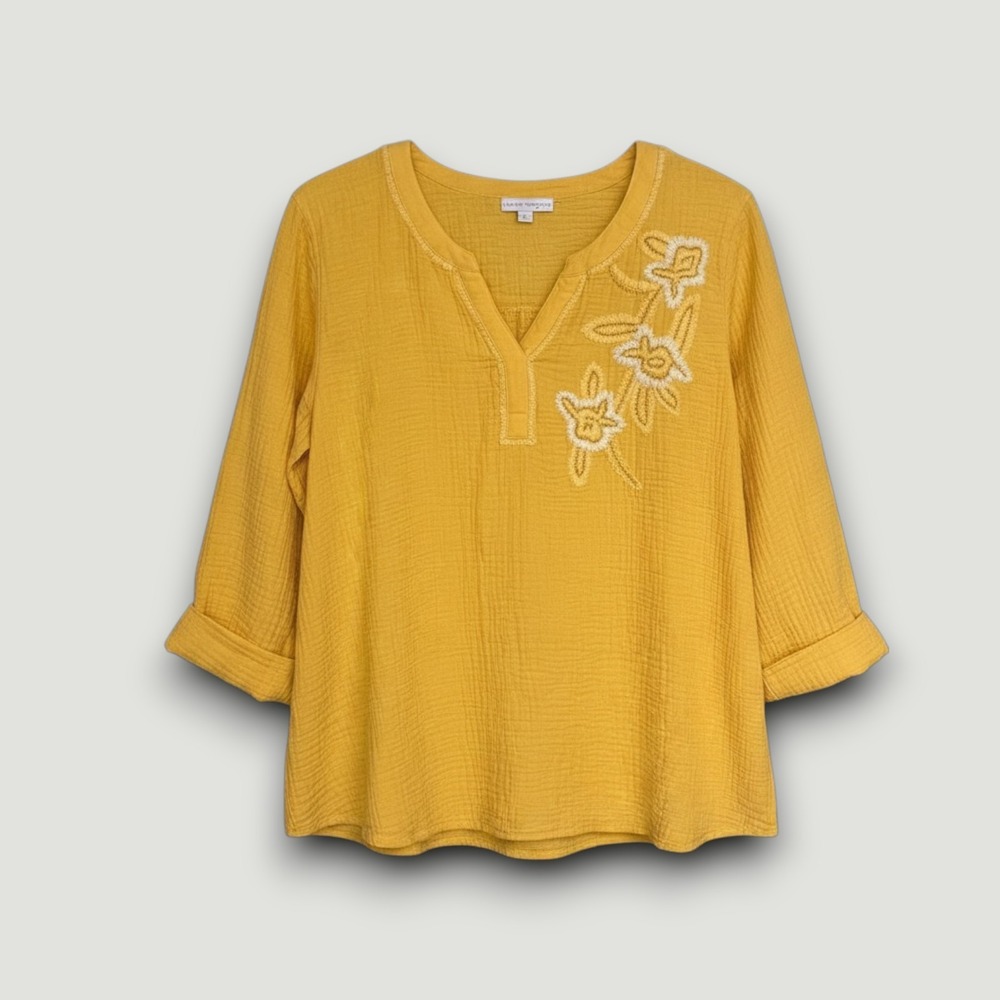 Susan Graver Pure Tunic Top Womens Cotton 1XP Yellow Embroidered Gauze Lagenlook